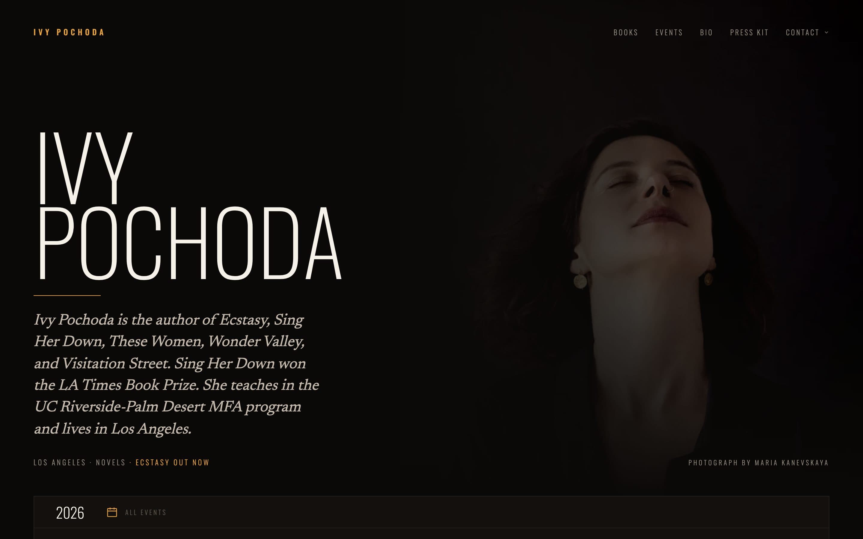 The front of ivypochoda.com: her name, her portrait, her bio, and the next two readings.